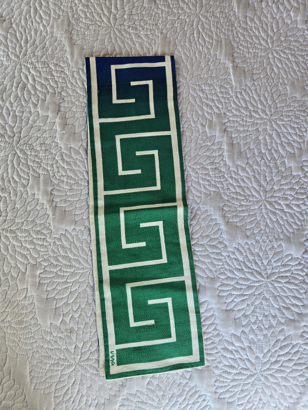 Vintage Vera Green Blue and White Raw Silk Ascot Geometric Greek Key Scarf - Picture 3 of 4